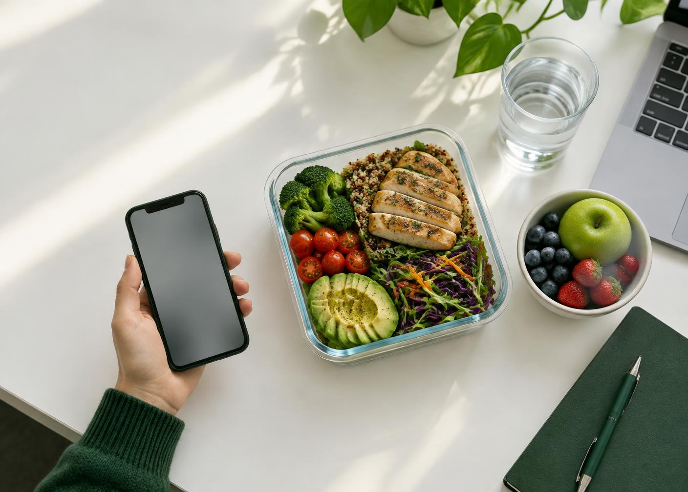 Illustrative healthy lunch and phone on a workplace desk
