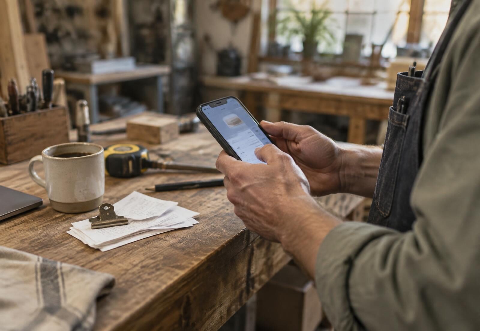 A workshop owner's hands using a phone app at a wooden workbench, with tools, receipts and a mug of coffee nearby