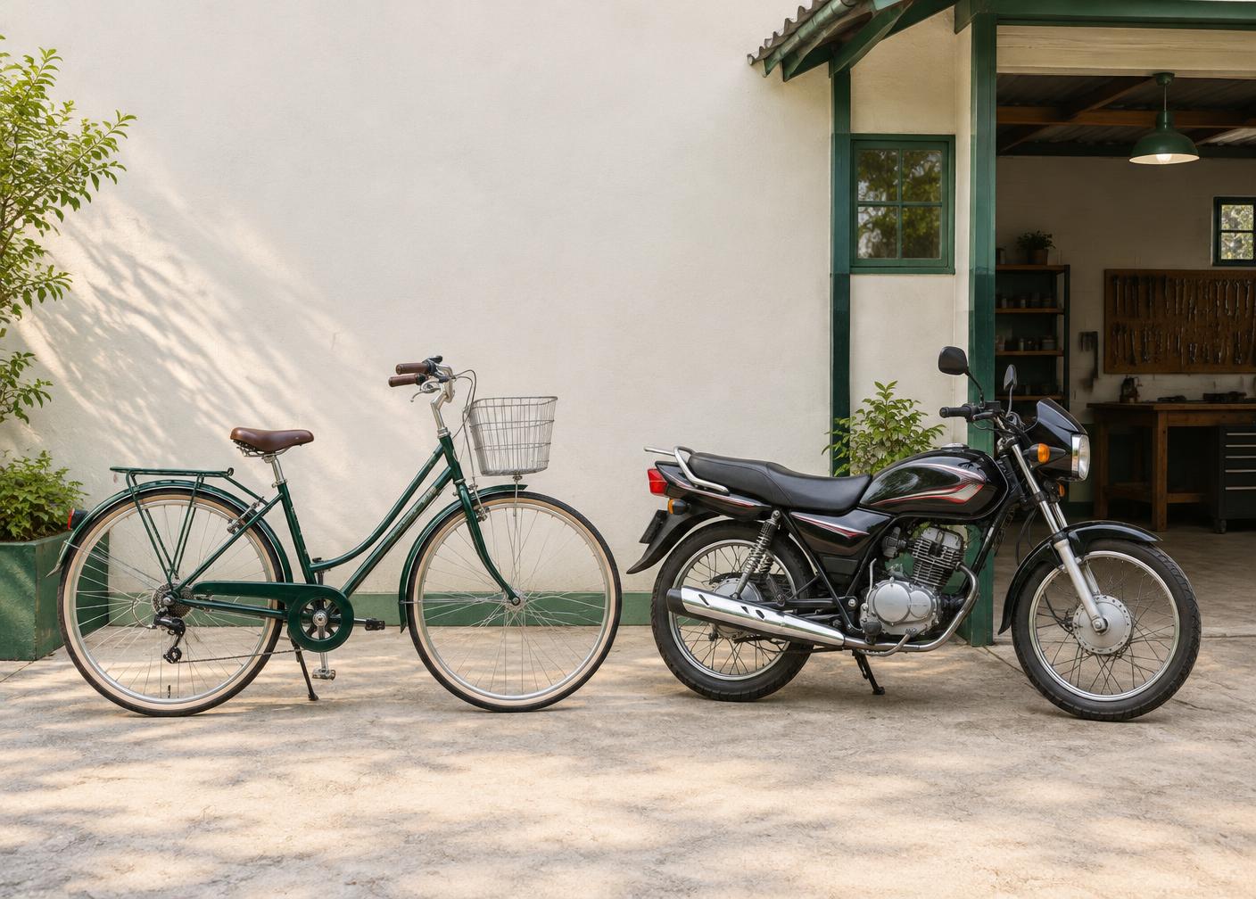 Illustrative bicycle and commuter motorcycle outside a workshop