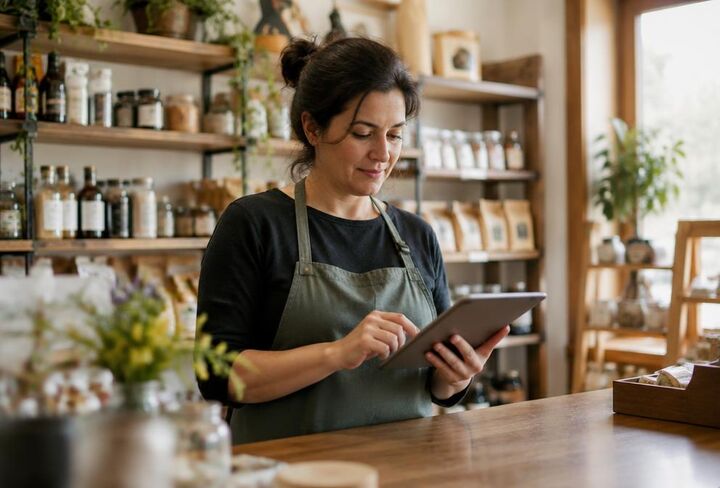 A business owner using a tablet in their workshop