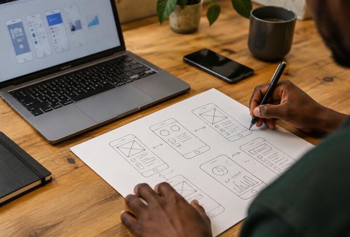 A founder sketching a product idea on paper beside a laptop