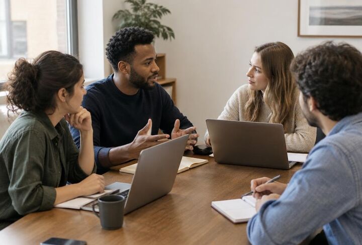 A small team working together around a table with laptops